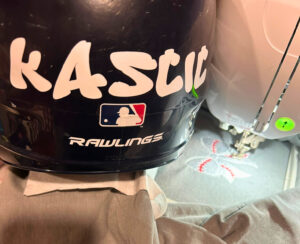 Baseball Bow Shirt Being Made | Baseball Helmet Name Sticker 